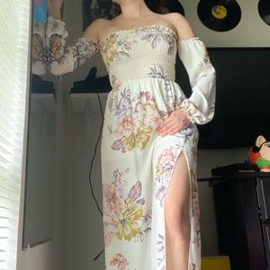 A maxi strapless floral dress.